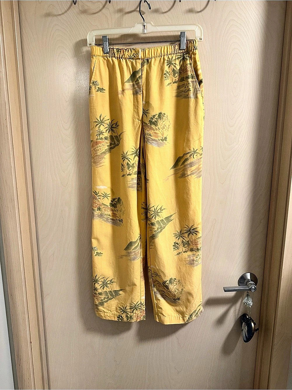 Talbots Vintage Size 6p Tropical Palm Tree Yellow Pants Elastic Waist
